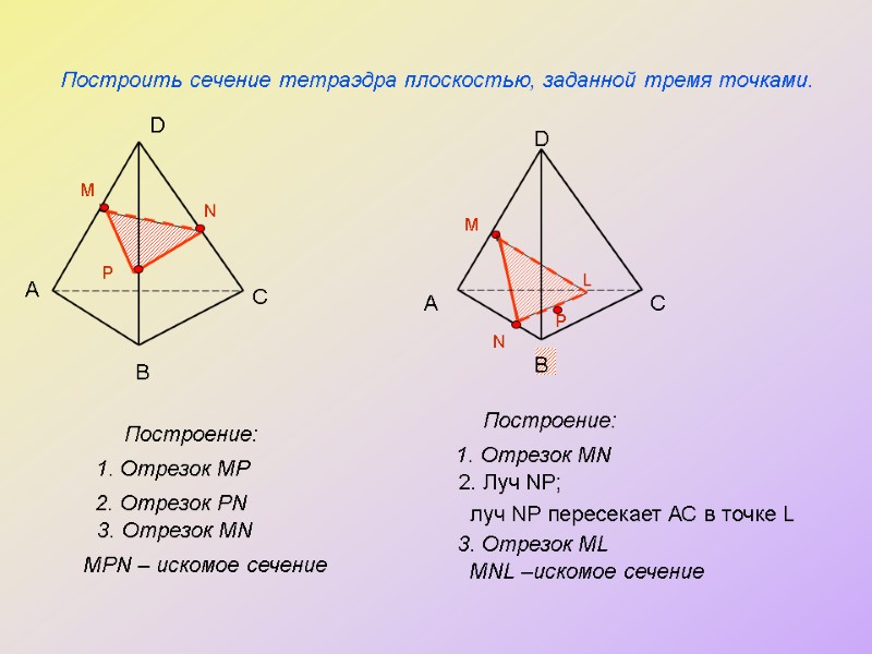 P N Построить сечение тетраэдра плоскостью, заданной тремя точками.     